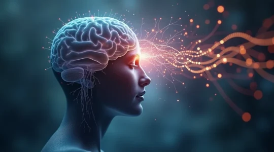 Symbolische Darstellung eines ruhigen menschlichen Profils umgeben von leuchtenden neuronalen Netzen