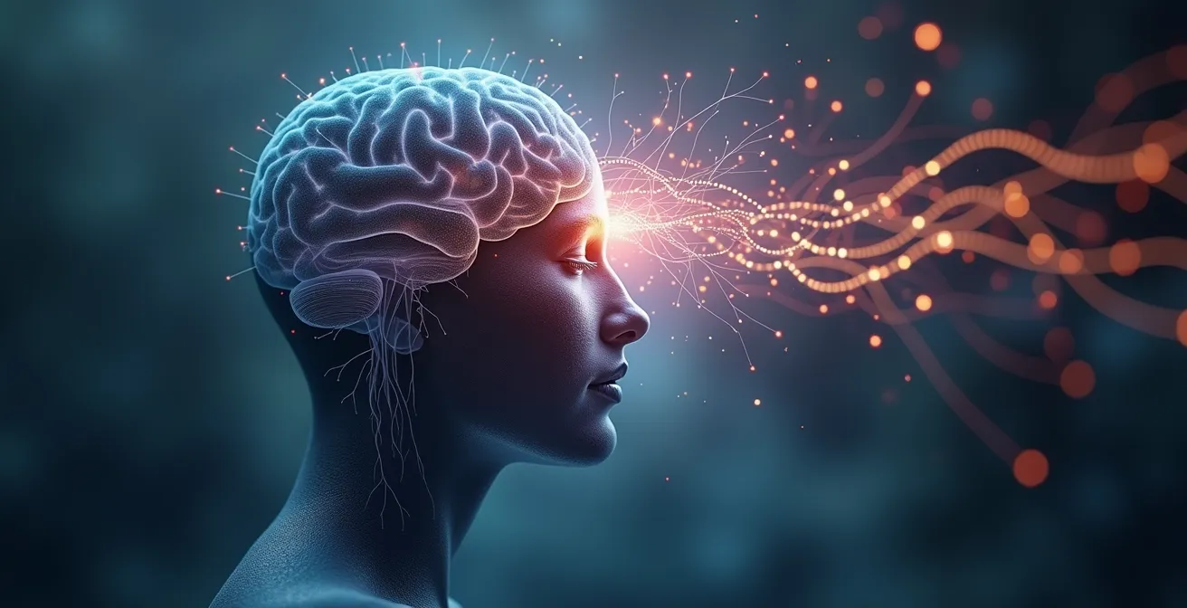 Symbolische Darstellung eines ruhigen menschlichen Profils umgeben von leuchtenden neuronalen Netzen