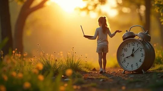 Symbolische Darstellung eines Menschen, der seinen Rhythmus zwischen Arbeit und Privatleben findet, mit Uhr- und Naturmotiven