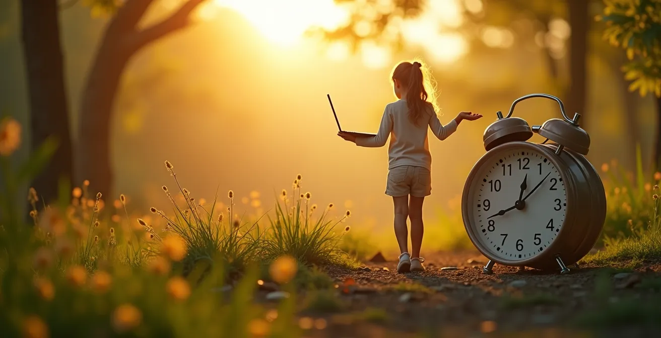 Symbolische Darstellung eines Menschen, der seinen Rhythmus zwischen Arbeit und Privatleben findet, mit Uhr- und Naturmotiven