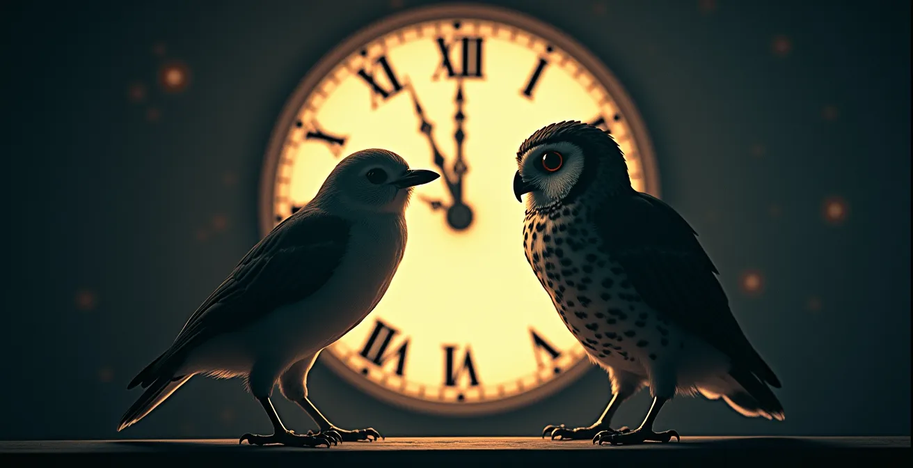 Symbolische Darstellung von Lerche und Eule als Chronotypen mit einer Uhr im Hintergrund