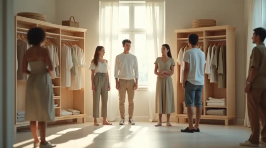 Symbolische Darstellung einer minimalistischen Capsule Wardrobe mit 30 Kleidungsstücken, kombiniert mit Personen, die einfache und stilvolle Kleidung tragen, um das Leben zu vereinfachen.