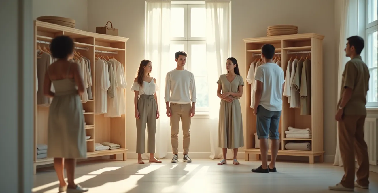 Symbolische Darstellung einer minimalistischen Capsule Wardrobe mit 30 Kleidungsstücken, kombiniert mit Personen, die einfache und stilvolle Kleidung tragen, um das Leben zu vereinfachen.