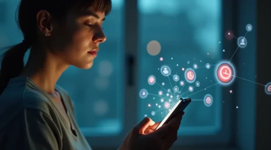 Symbolische Darstellung eines Menschen, der bewusst Technologie nutzt und sich von digitalen Ablenkungen abgrenzt