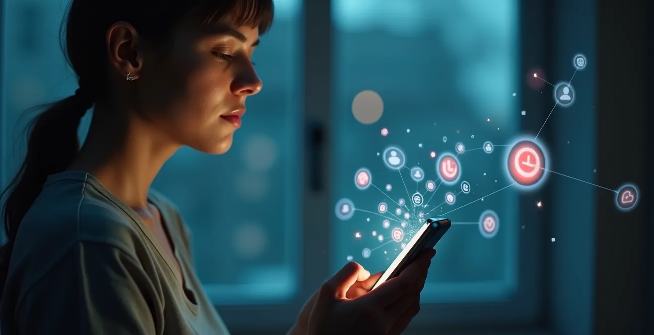Symbolische Darstellung eines Menschen, der bewusst Technologie nutzt und sich von digitalen Ablenkungen abgrenzt