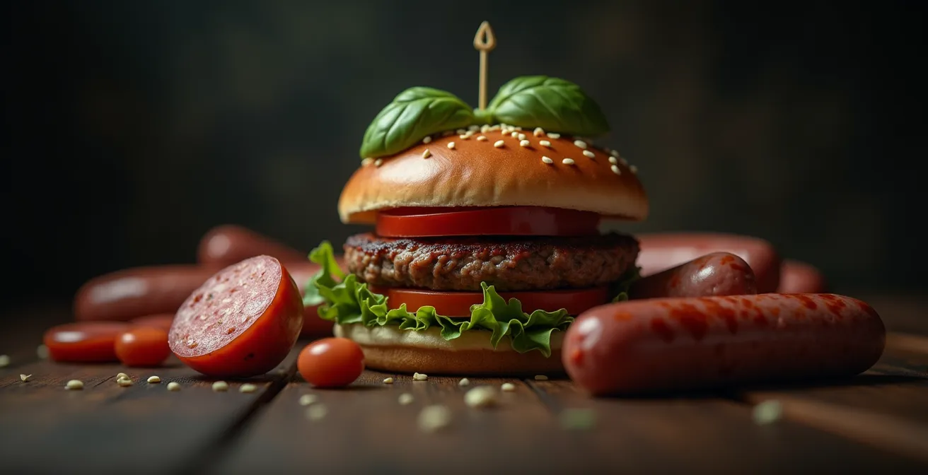 Symbolische Darstellung einer Falle mit verarbeiteten veganen Fleischersatzprodukten darin