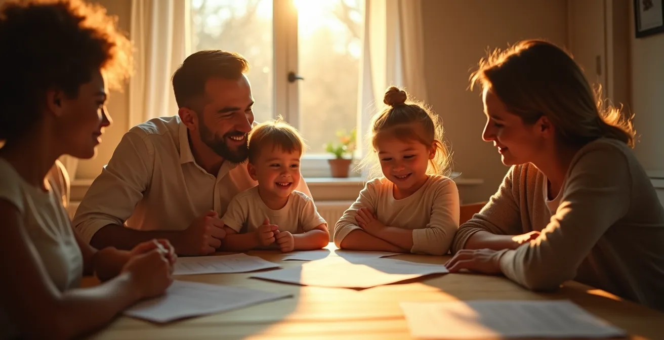 Familie, die gemeinsam Mediennutzungsregeln bespricht und verbindliche Abmachungen trifft