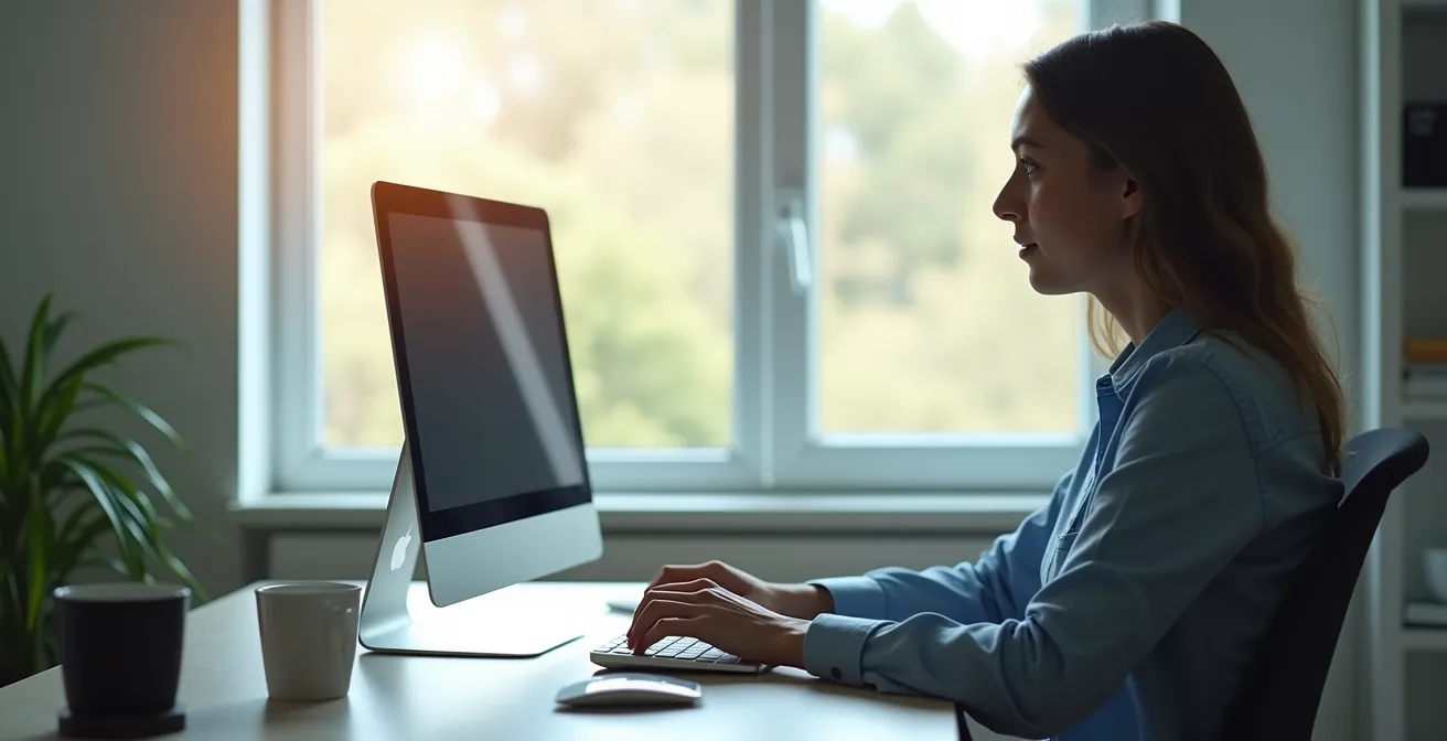 Ein aufgeräumter digitaler Arbeitsplatz mit minimalen Ablenkungen und klar fokussiertem Nutzer