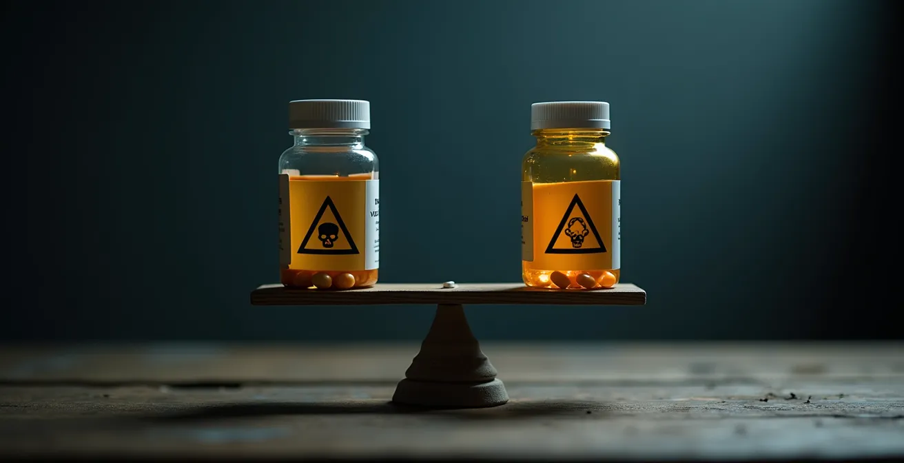 Symbolisches Bild einer Waage mit Vitaminen auf einer Seite und Gefahrensymbolen auf der anderen