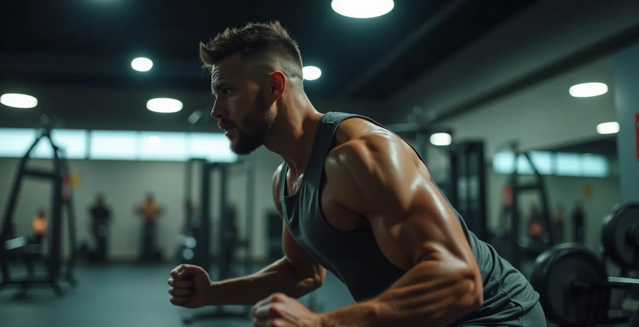Dynamisches Bild eines sportlich trainierenden Menschen, der konzentriert ein intensives Workout absolviert, symbolisch für Effizienz und Maximale Ergebnisse in kurzer Zeit