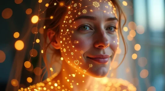Symbolische Darstellung eines Sicherheitsnetzes mit Nährstoff-Icons, das eine Person umgibt, die gesund und energiegeladen wirkt