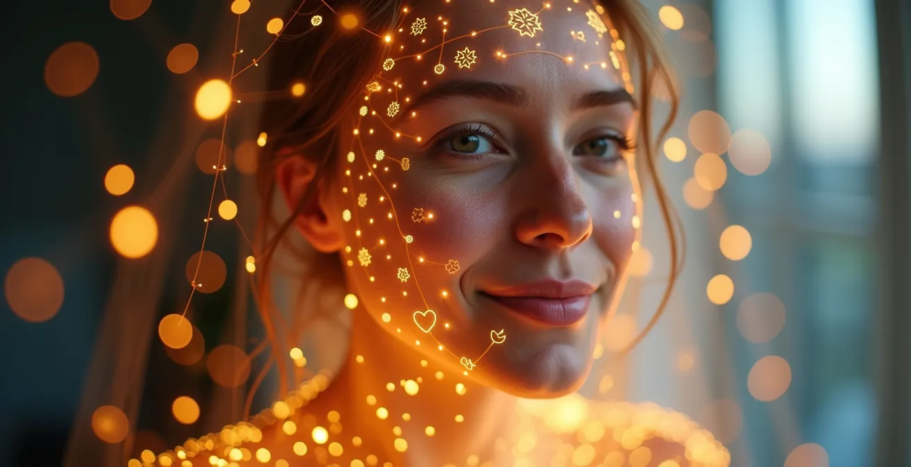 Symbolische Darstellung eines Sicherheitsnetzes mit Nährstoff-Icons, das eine Person umgibt, die gesund und energiegeladen wirkt
