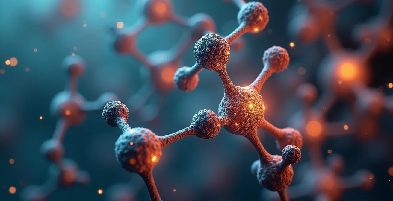 Visualisierung der Synergie von Vitamin D3, K2 und Magnesium in einem Molekülnetzwerk