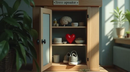 Symbolische Darstellung einer persönlichen Stress-Apotheke mit verschiedenen Gegenständen und Techniken gegen Alltagsstress