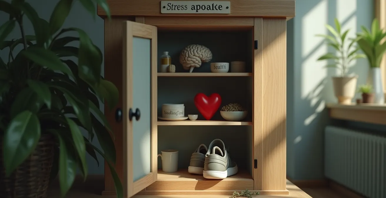 Symbolische Darstellung einer persönlichen Stress-Apotheke mit verschiedenen Gegenständen und Techniken gegen Alltagsstress