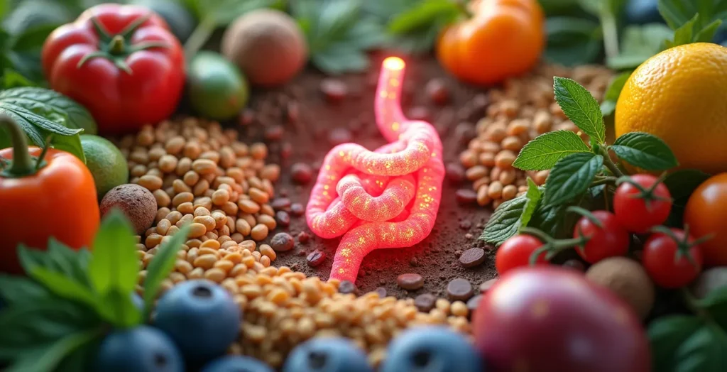 Vielfalt an bunten Pflanzen und symbolisierte Darmbakterien in harmonischem Zusammenspiel