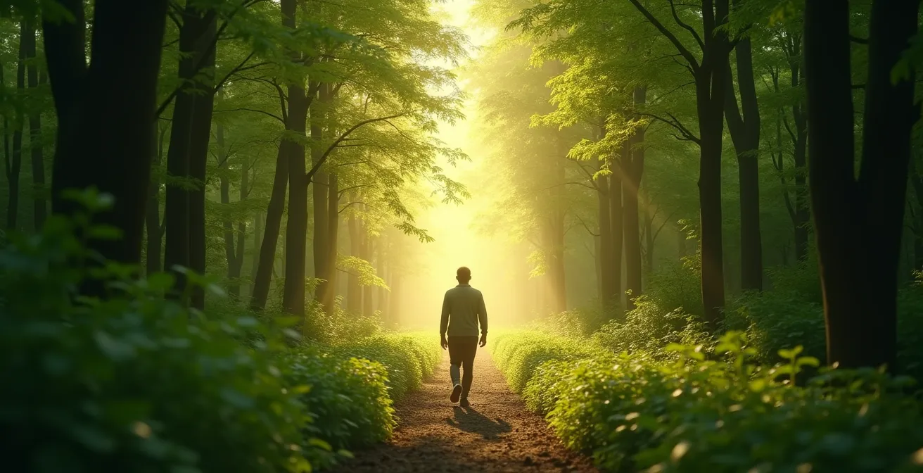 Person die in einem Wald spazieren geht, umgeben von natürlichen fraktalen Mustern und beruhigender Natur