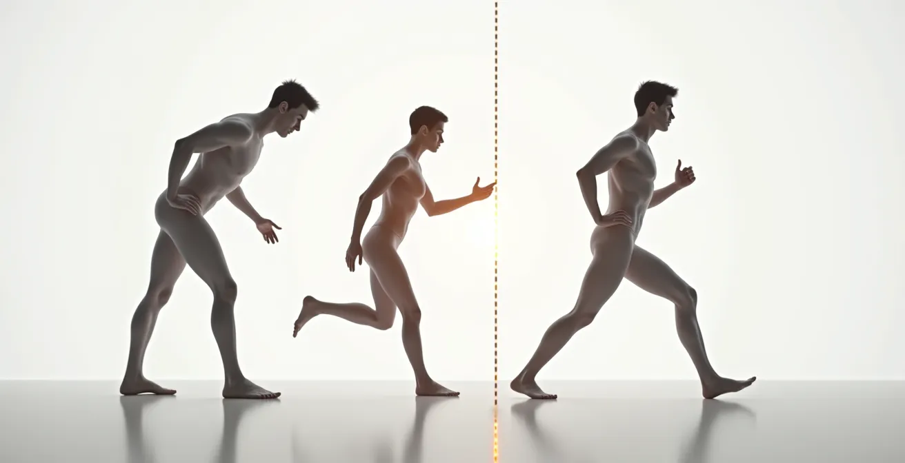 Symbolische Darstellung von Stretching versus Mobility mit menschlicher Silhouette und Muskelansichten