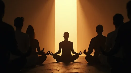 Person in meditativer Haltung zwischen dunklen Autopilot-Schatten und hellem bewusstem Raum