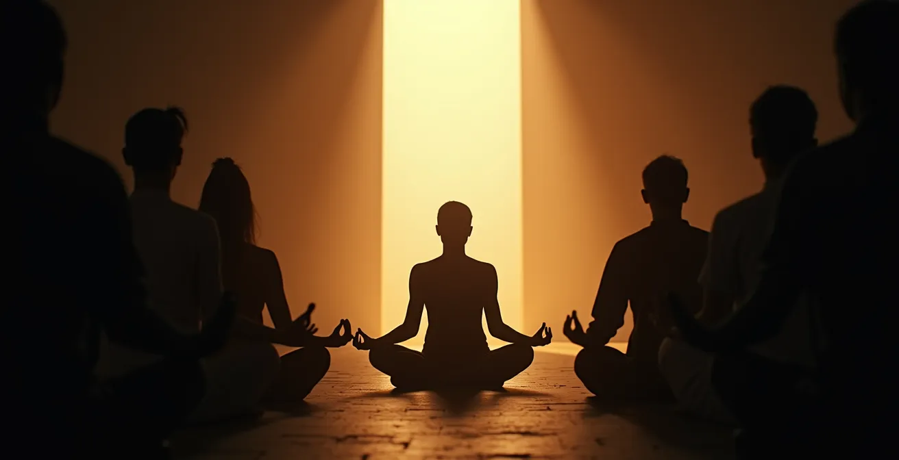 Person in meditativer Haltung zwischen dunklen Autopilot-Schatten und hellem bewusstem Raum