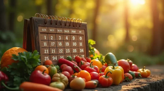 Symbolische Collage aus saisonalem Obst und Gemüse, integriert in einen Kalender