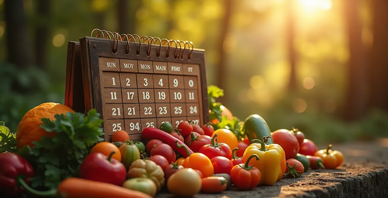 Symbolische Collage aus saisonalem Obst und Gemüse, integriert in einen Kalender