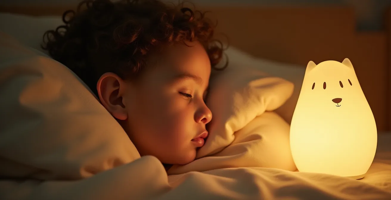 Gemütliches Kinderzimmer mit warmer Abendbeleuchtung, in dem ein Elternteil einem Kind vorliest, um ein Einschlafritual zu schaffen