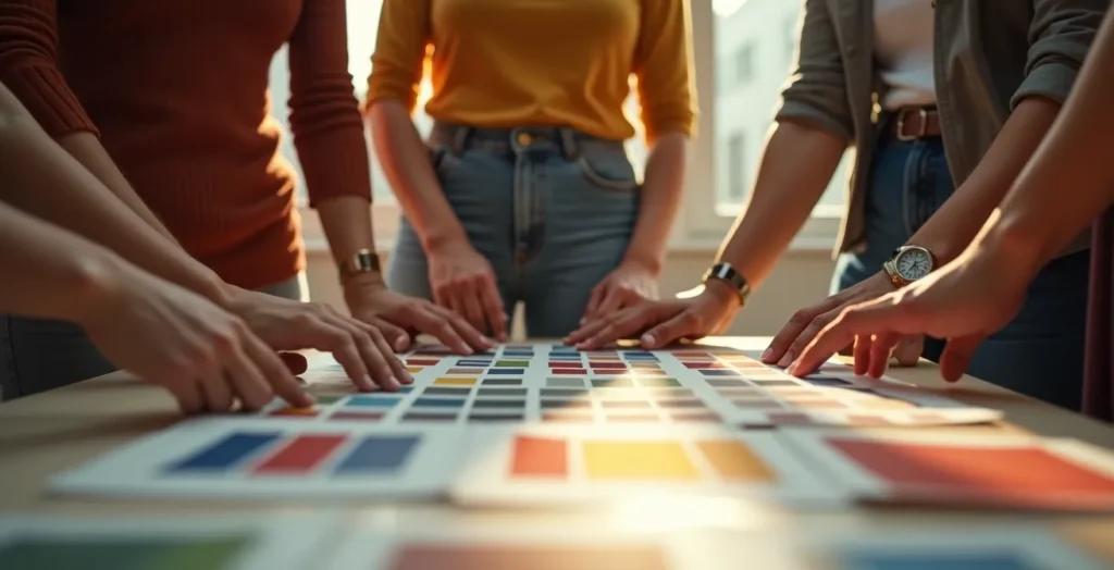 Personen, die an kreativen Workshops teilnehmen und Farbpaletten sowie Kleidungsstücke auswählen, um ihre persönliche Stil-DNA zu bestimmen.
