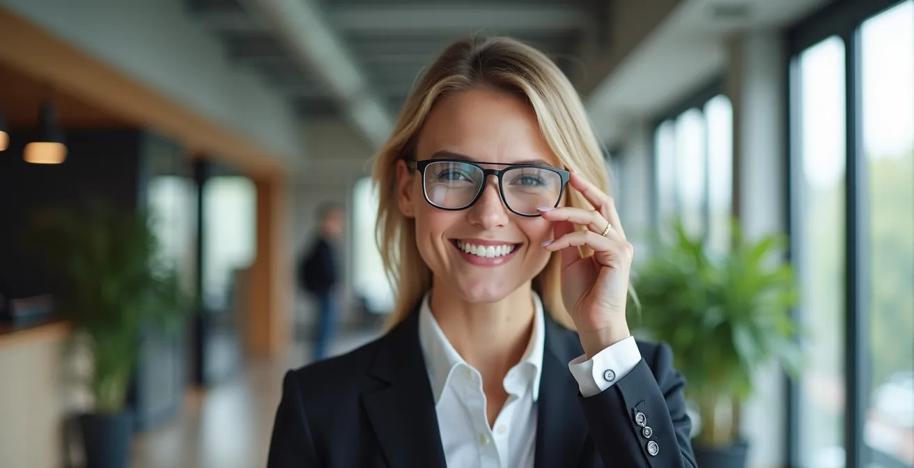 Eine Person in einem modernen deutschen Büro, die symbolisch eine Maske abnimmt und ein authentisches Lächeln zeigt.