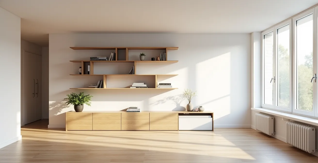 Minimalistisches DIY-Regal im Bauhaus-Stil in deutschem Wohnzimmer