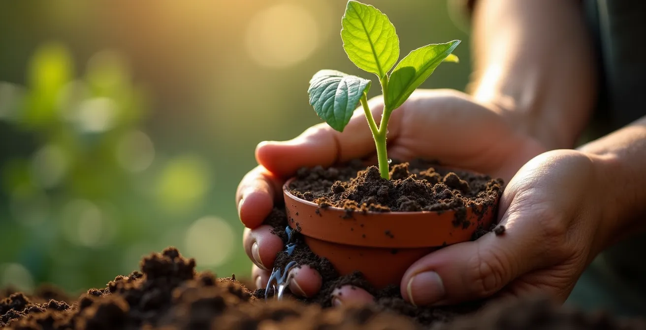 Nahaufnahme von Händen, die eine kleine Topfpflanze pflegen, als Metapher für die bewusste Pflege und Planung von Beziehungen.