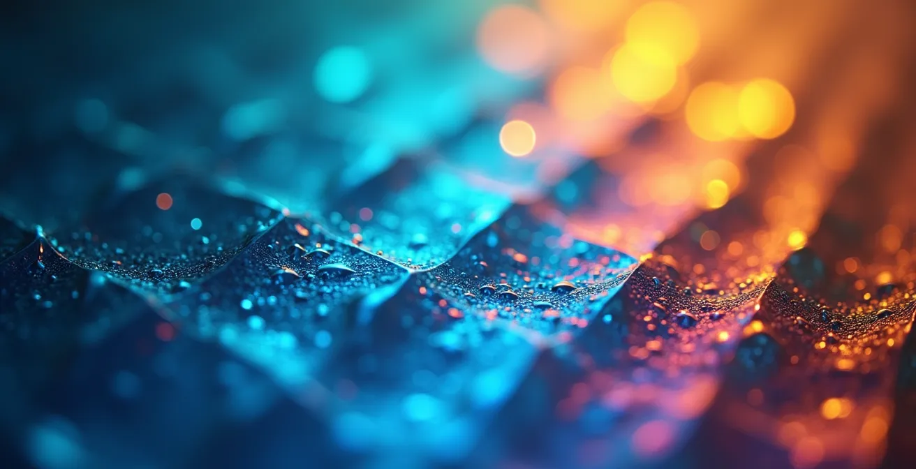 Makroaufnahme eines Lichtspektrums, das die Dominanz von blauen Wellenlängen zeigt, die den Schlaf stören, im Kontrast zu warmen, schlaffördernden Tönen.