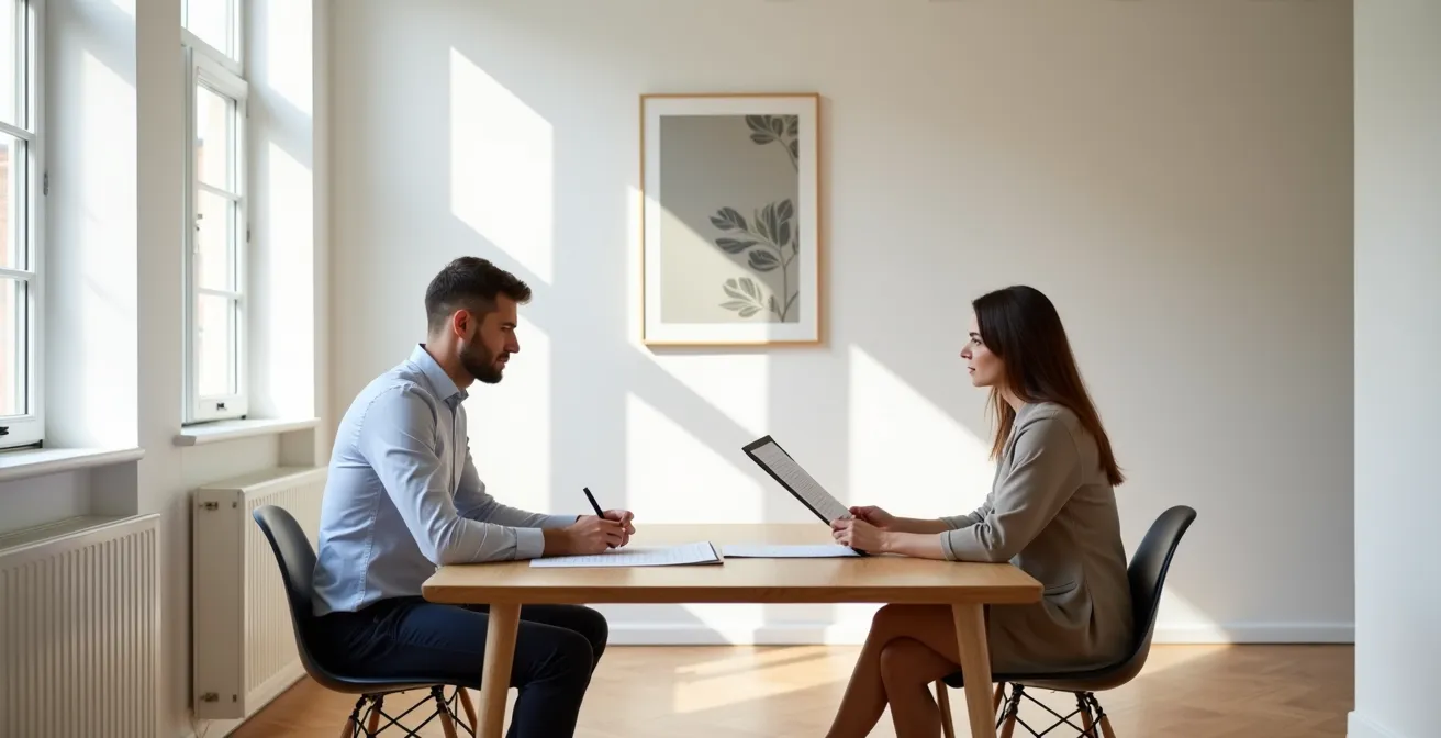 Vertrauensvolle Gesprächssituation zwischen Coach und potenziellem Klienten in einem hellen, minimalistischen Raum.
