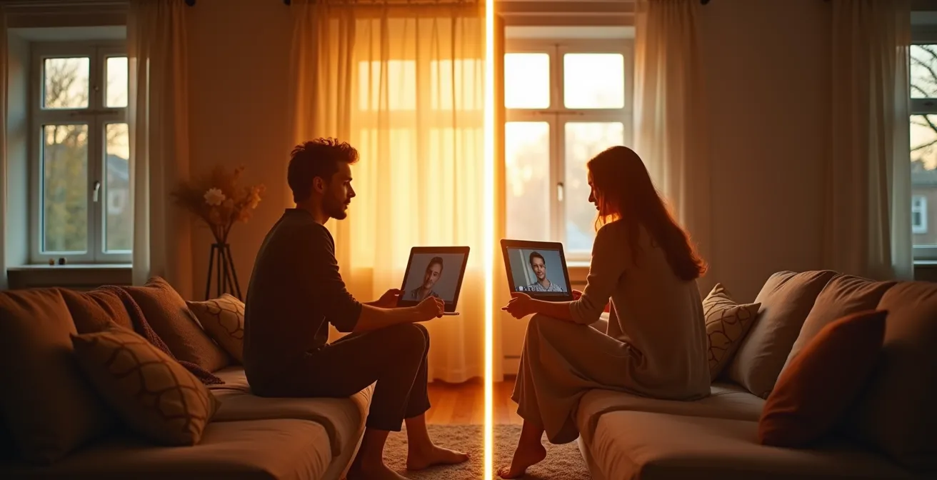 Zwei Freunde bleiben über digitale Kanäle und eine räumliche Distanz hinweg in ihren jeweiligen Wohnungen in Deutschland verbunden.