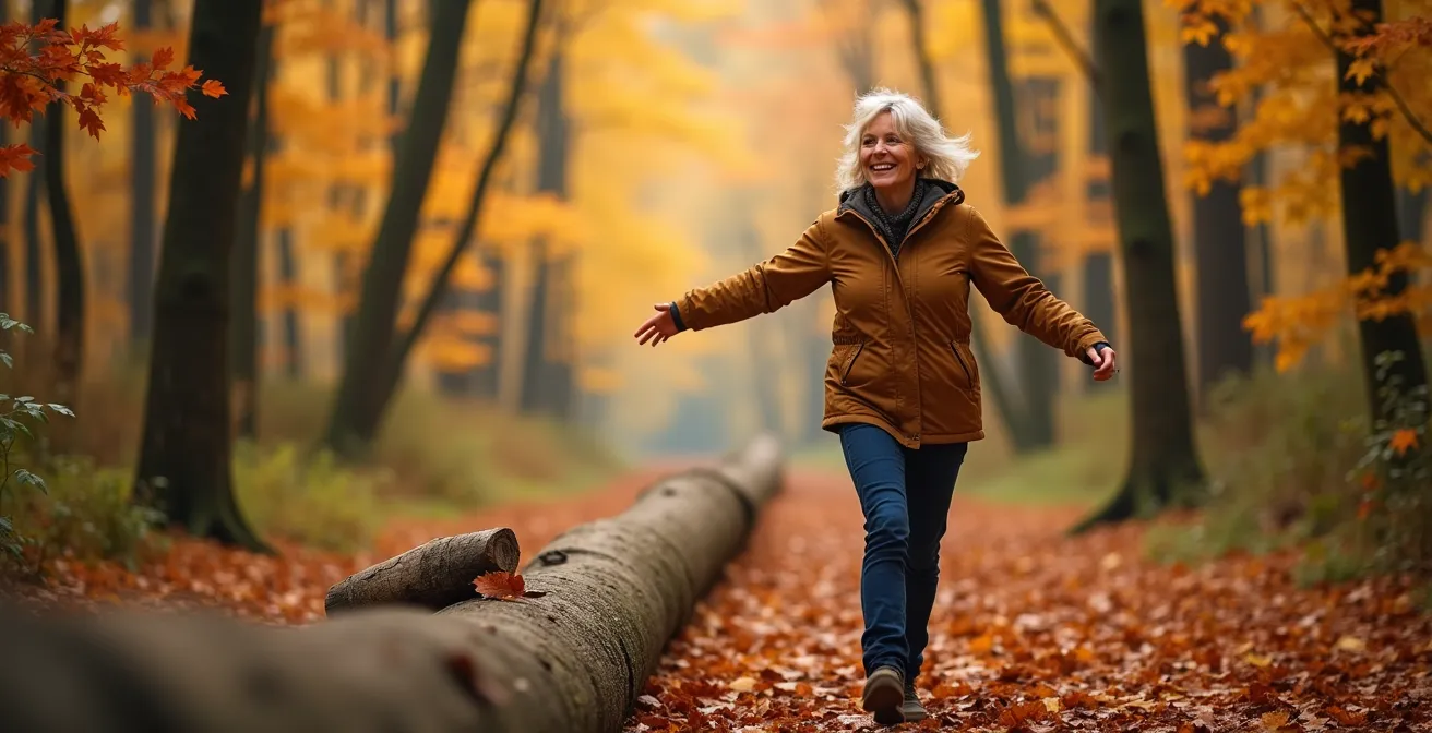 Eine Person balanciert anmutig auf einem Baumstamm in einem deutschen Mischwald, was das dynamische Gleichgewicht im Leben symbolisiert.
