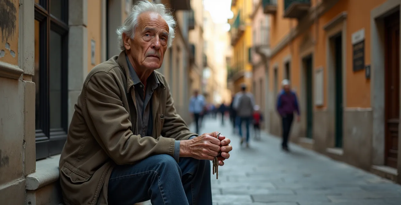 Ein älterer Bewohner sitzt resigniert auf einer Steintreppe in einer engen Gasse, während im unscharfen Hintergrund Touristen vorbeiziehen.