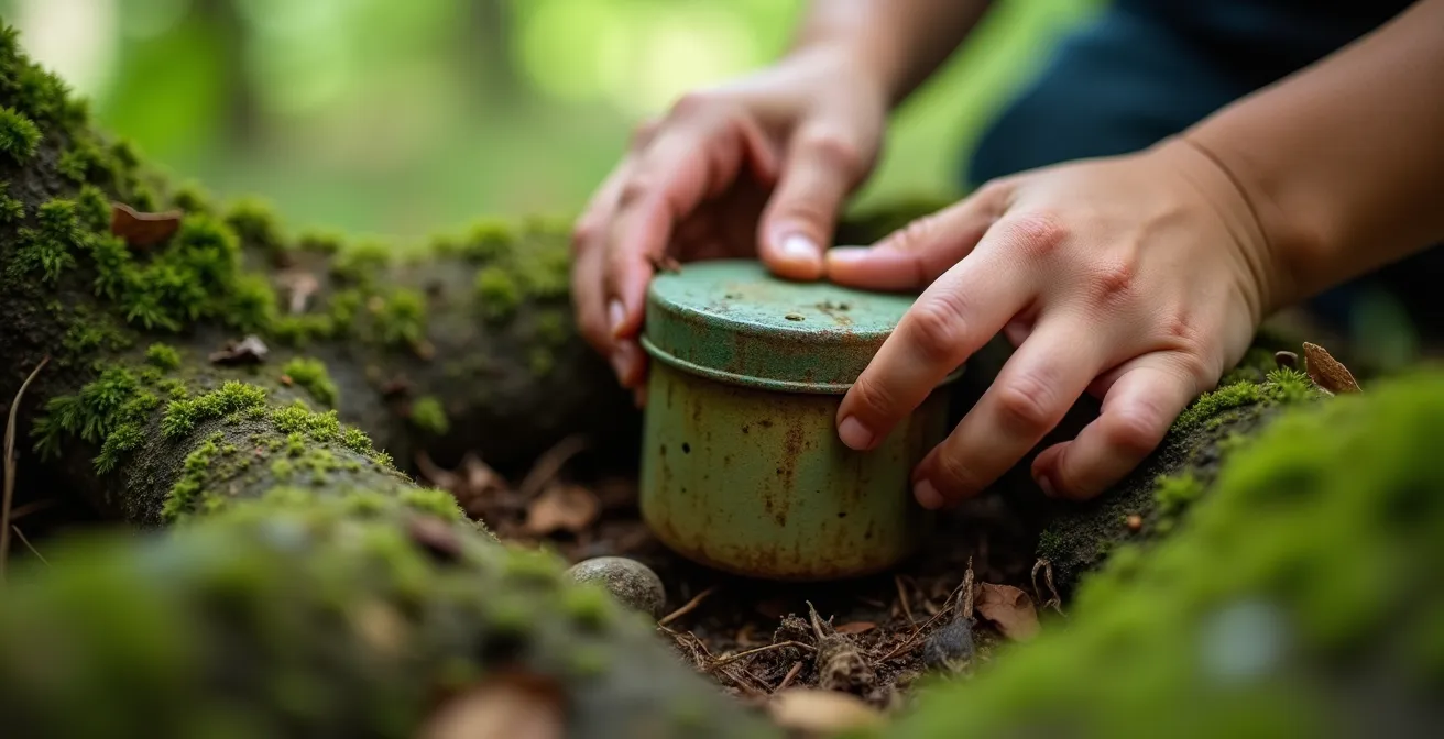 Kinderhände öffnen vorsichtig einen im deutschen Wald gefundenen Geocache, was die Spannung und Freude am gemeinsamen Entdecken in der Natur verdeutlicht.