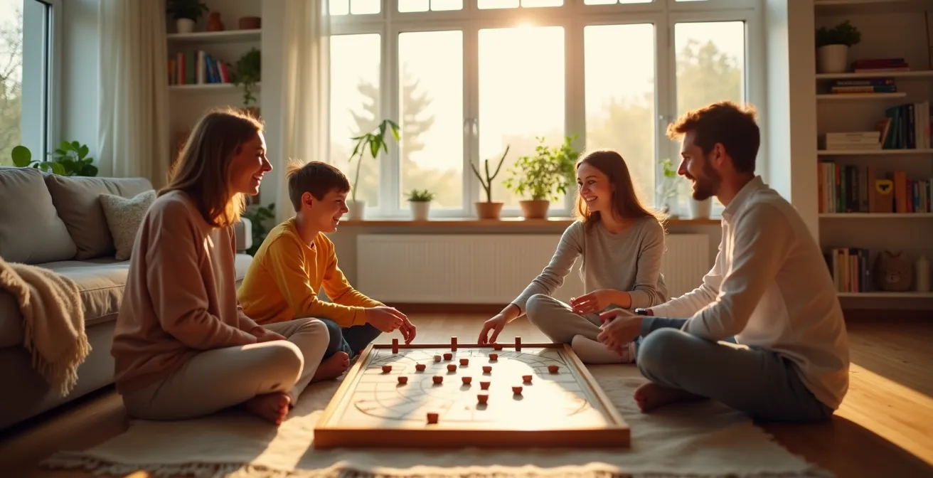 Familie genießt gemeinsame Zeit beim Brettspielen ohne digitale Geräte