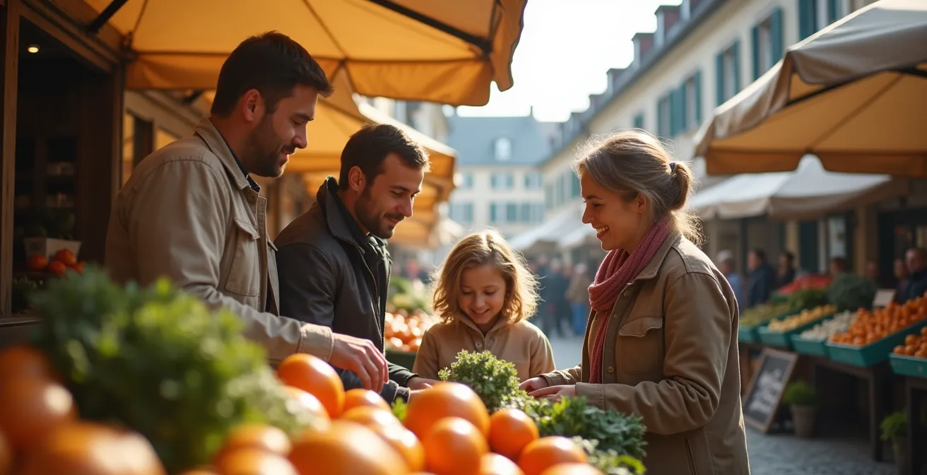 Eine Familie wählt gemeinsam frisches Gemüse auf einem belebten deutschen Wochenmarkt aus und macht aus einem Alltagsereignis ein verbindendes Ritual.