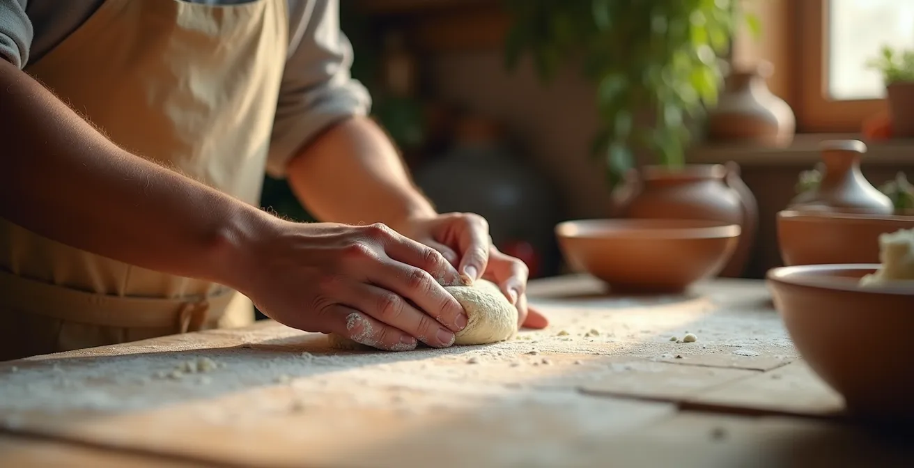 Hände von Menschen verschiedener Kulturen kneten gemeinsam Teig auf einer bemehlten Holzfläche, was nonverbale Verbindung symbolisiert.