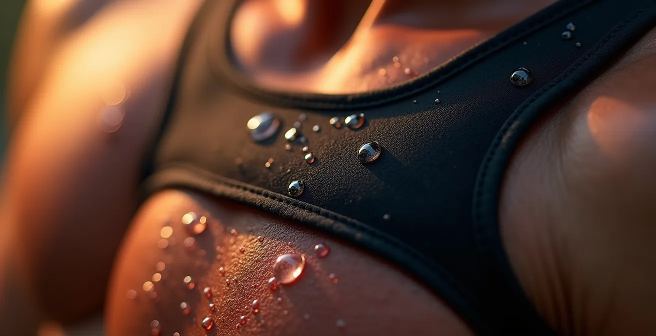 Makroaufnahme eines Herzfrequenzsensors auf der Haut mit sichtbaren Schweißperlen