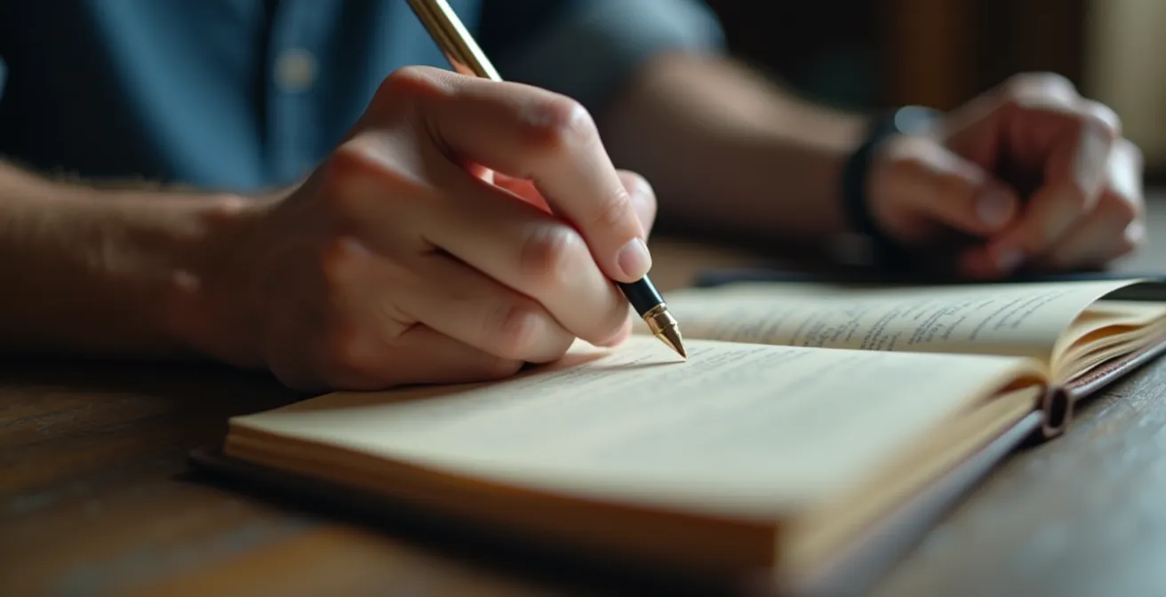 Nahaufnahme von Händen, die zwischen digitalem Tablet und klassischem Notizbuch wechseln