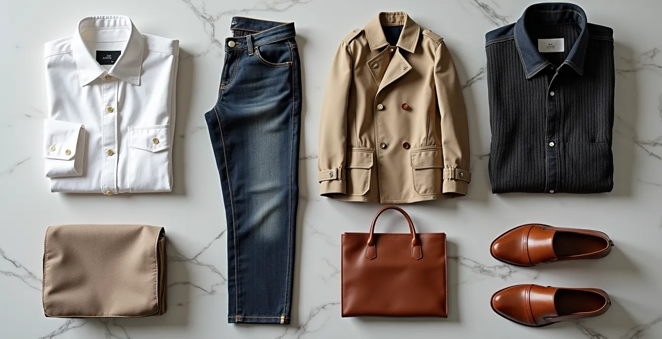 Flach arrangierte zeitlose Kleidungsstücke wie weißes Hemd, Trenchcoat und Jeans