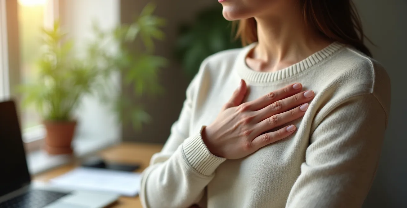 Nahaufnahme einer Hand auf der Brust in ruhiger Büroumgebung, die körperliche Achtsamkeit symbolisiert.