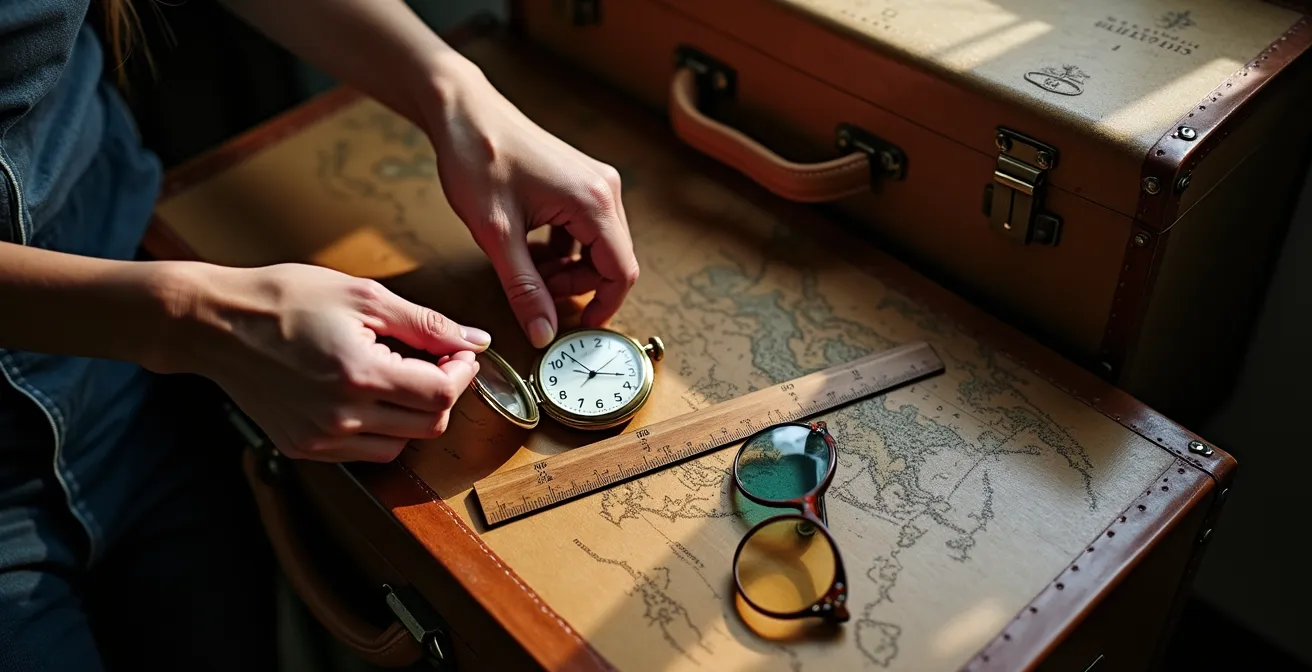 Eine Person packt symbolisch kulturelle Vorurteile, dargestellt durch eine Uhr und ein Lineal, in einen unsichtbaren Rucksack.