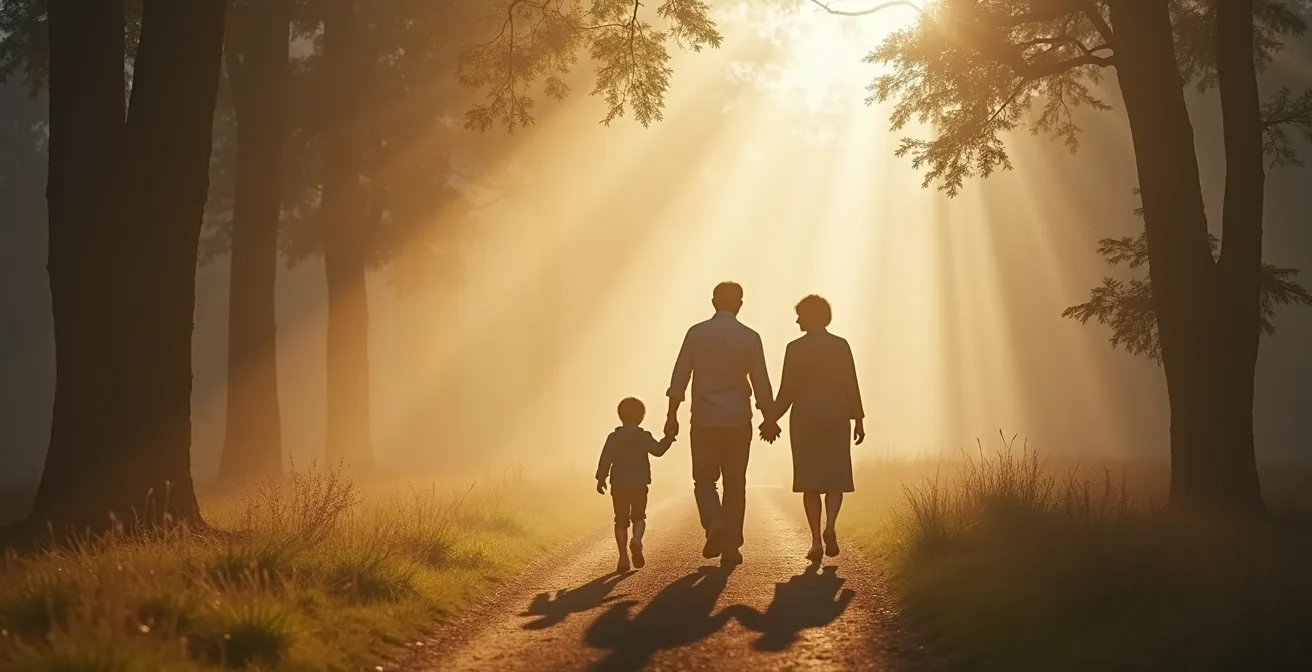 Drei Generationen einer Familie beim gemeinsamen Spaziergang symbolisieren den Wertewandel im Leben