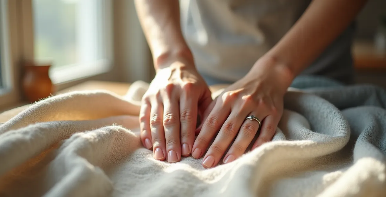 Detailaufnahme von Händen, die verschiedene nachhaltige Stoffstrukturen wie Leinen und Baumwolle berühren