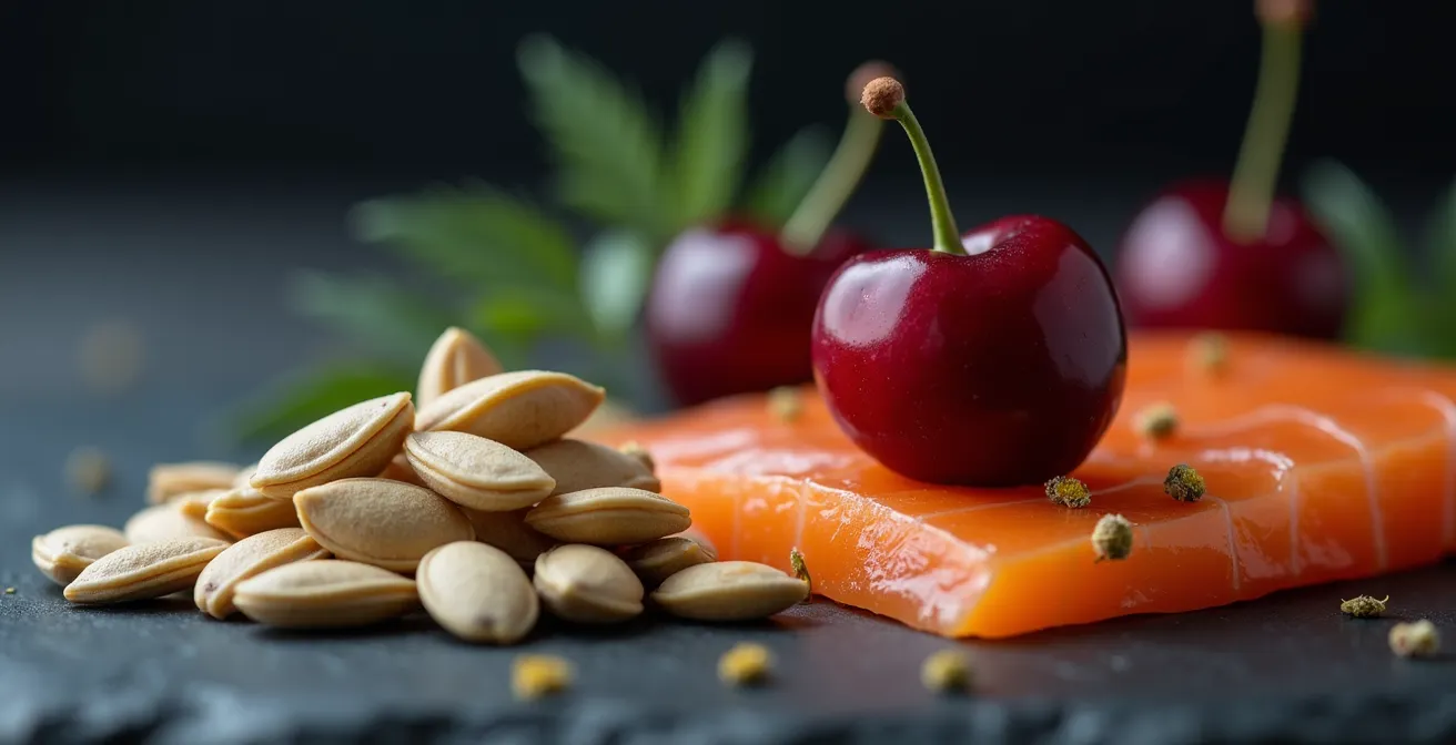 Makroaufnahme von natürlichen schlaffördernden Lebensmitteln in künstlerischer Anordnung
