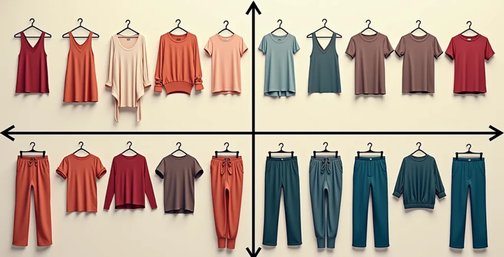 Visuelle Darstellung einer Outfit-Matrix mit verschiedenen Ober- und Unterteilen, die eine große Kombinierbarkeit zeigen.