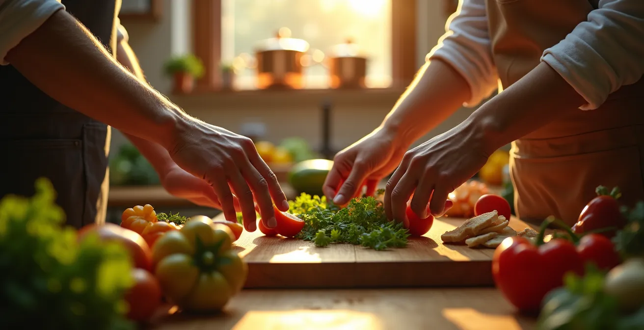 Paar kocht gemeinsam in warmer Küchenatmosphäre, was die Verbindung und das gemeinsame Erlebnis einer Date Night zu Hause symbolisiert.